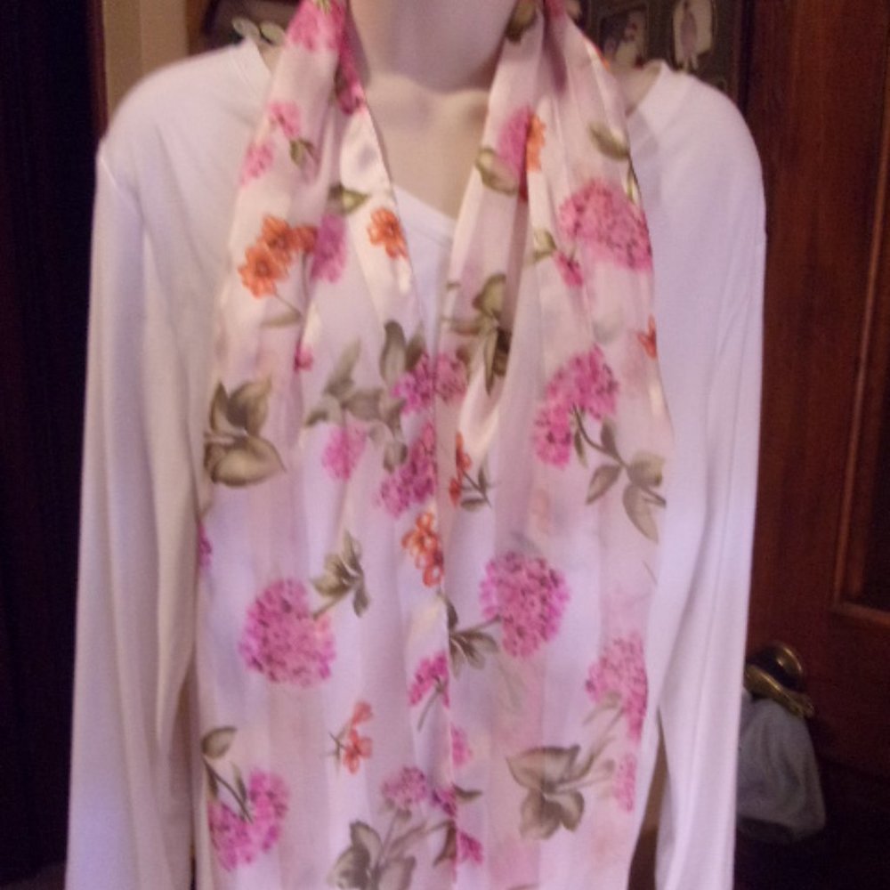 Pink Orange Floral Print Striped Scarf 13" x 58"